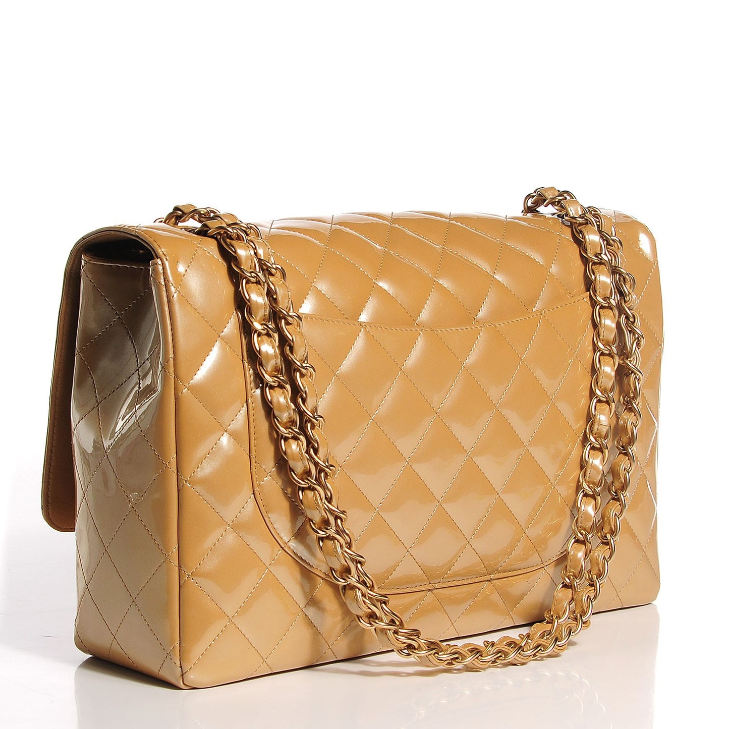 Metallic Patent Quilted Maxi Single Flap Beige