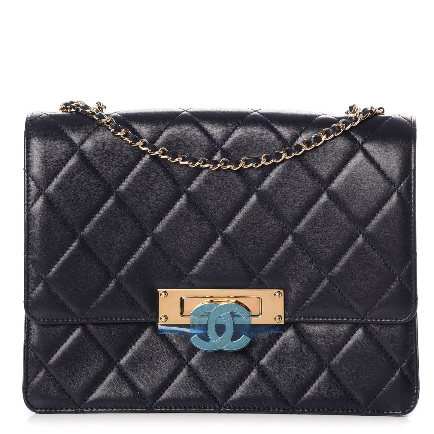 Lambskin Quilted Medium Golden Class Flap Marine