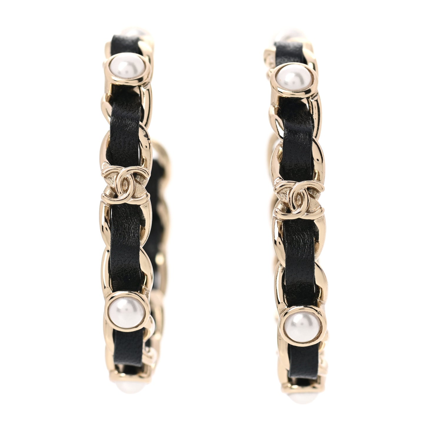 Lambskin Pearl More Is More CC Chain Hoop Earrings Gold Black