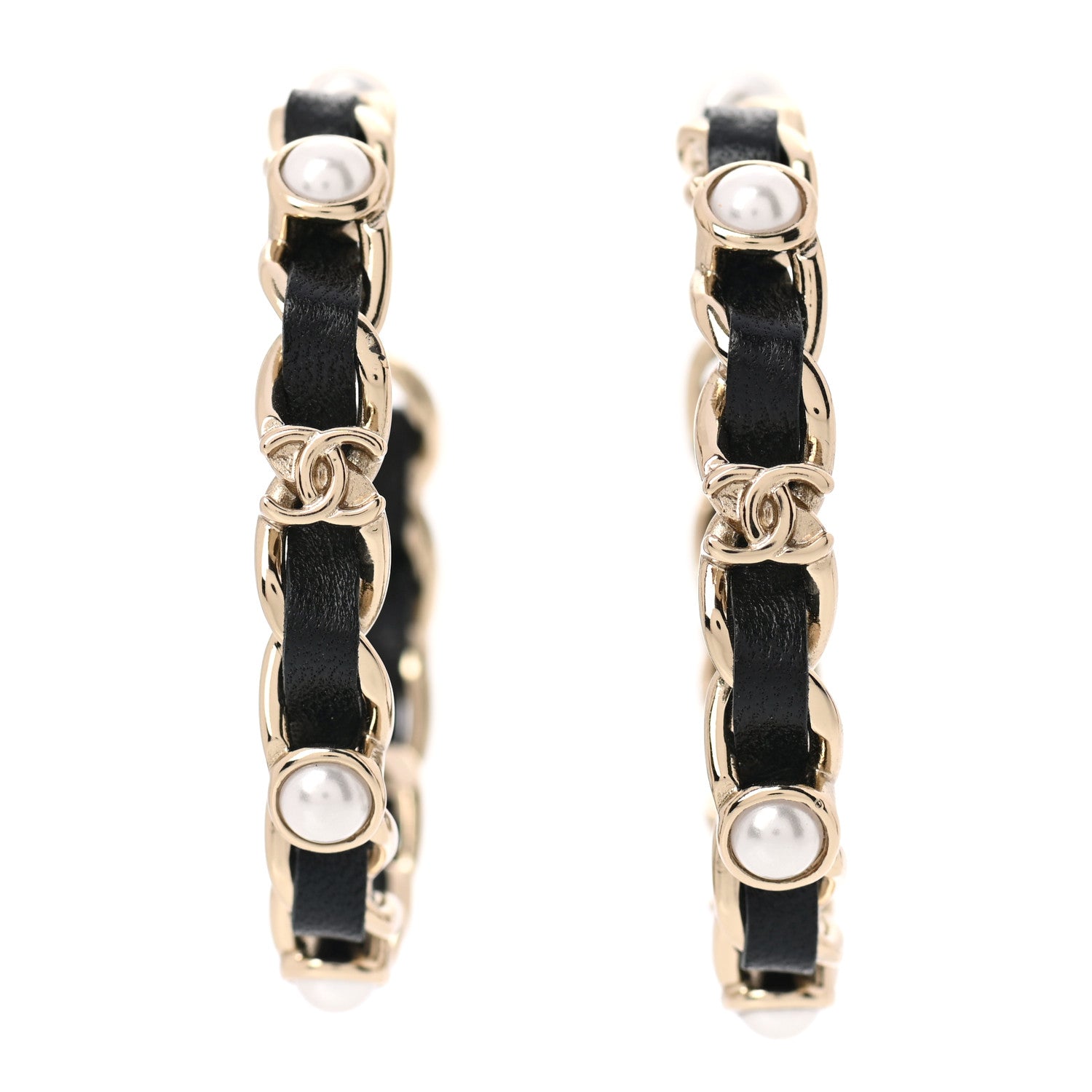 Chanel Lambskin Pearl More Is More CC Chain Hoop Earrings Gold Black 1 of 7