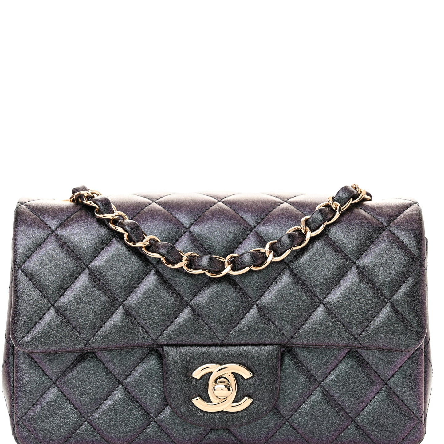 Iridescent Lambskin Quilted Mini Rectangular Flap Black