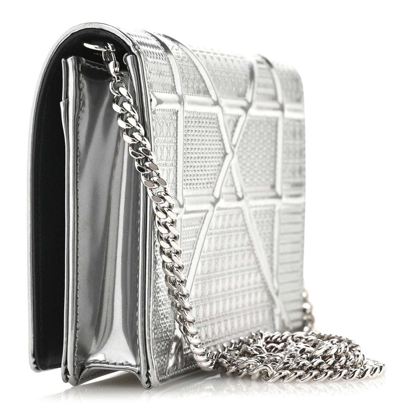 Metallic Patent Micro-Cannage Diorama Wallet on Chain Pouch Silver