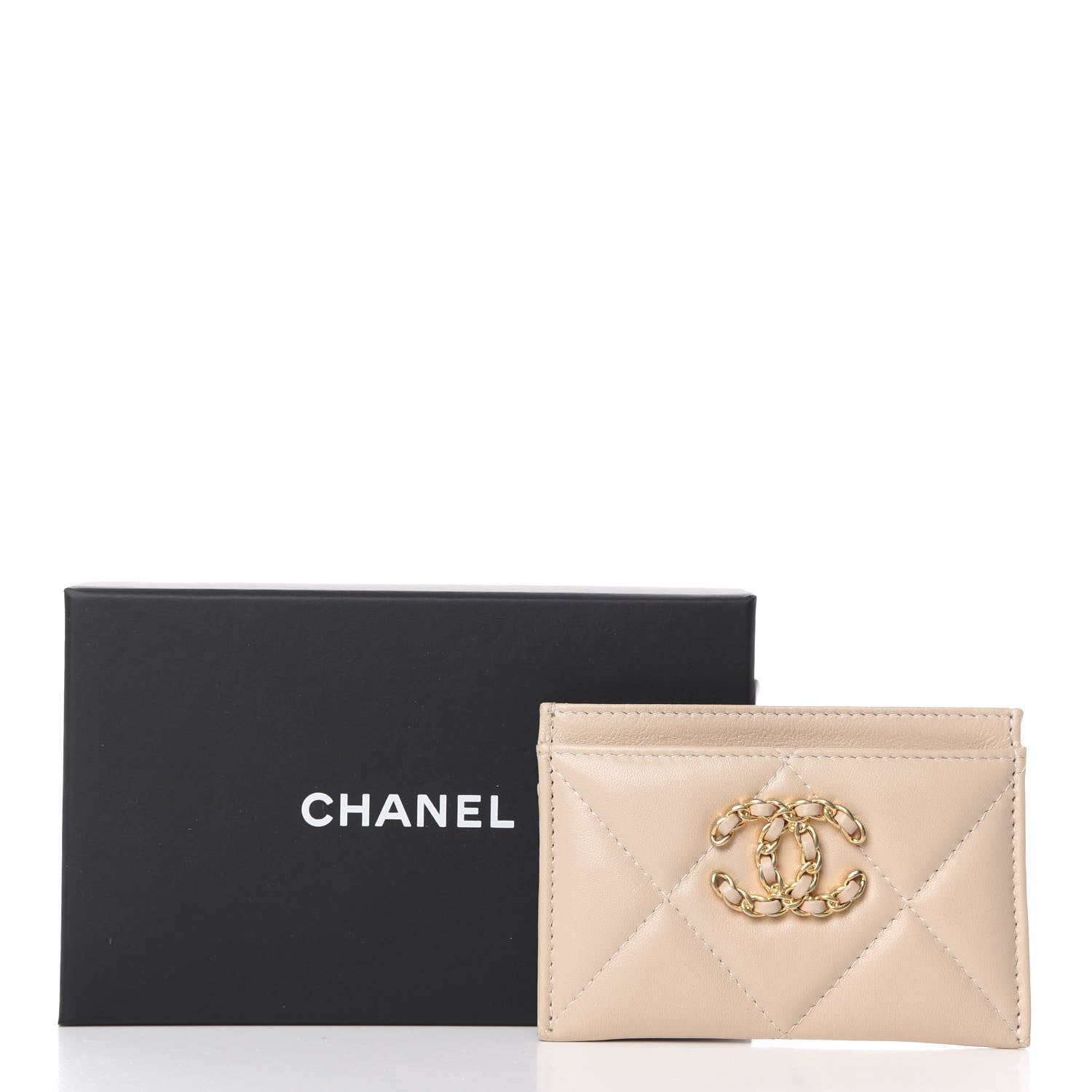 Chanel Shiny Goatskin Quilted Chanel 19 Card Holder Beige 9 of 9