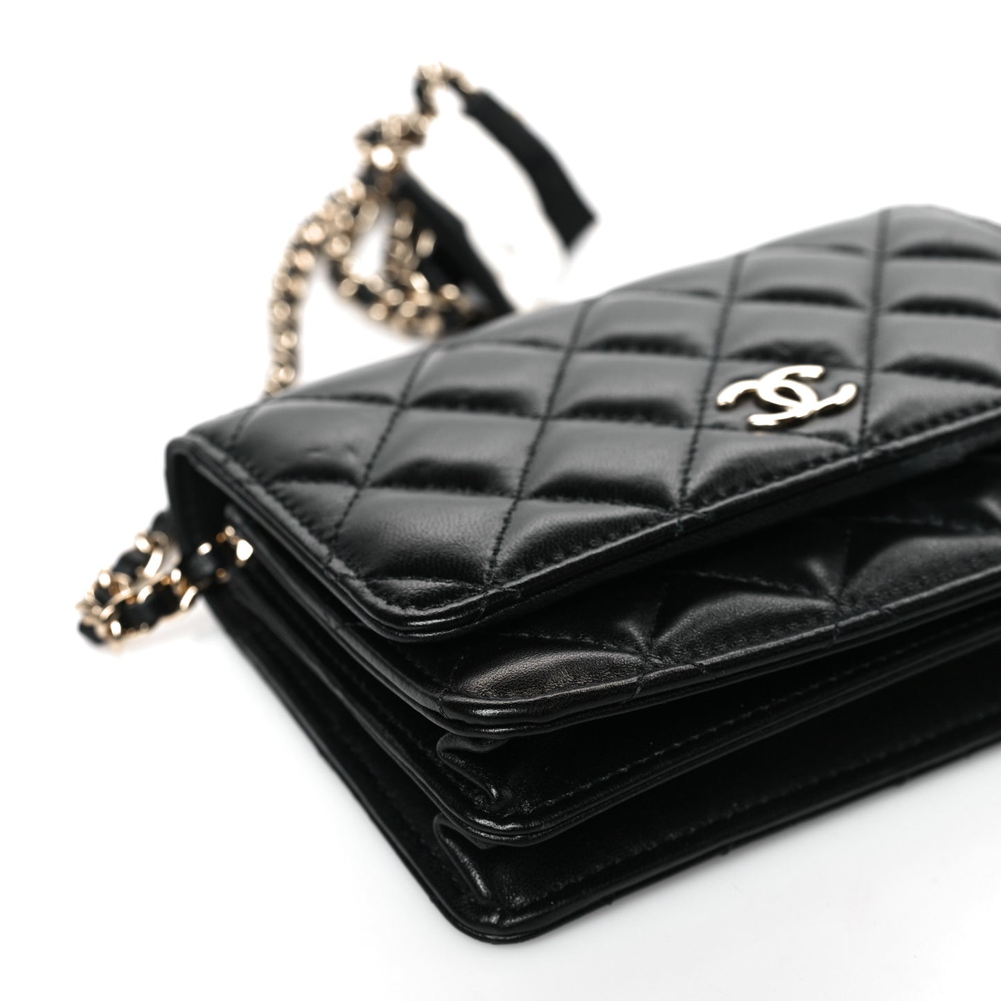 Lambskin Quilted Mini Camellia Bow Wallet On Chain WOC Black