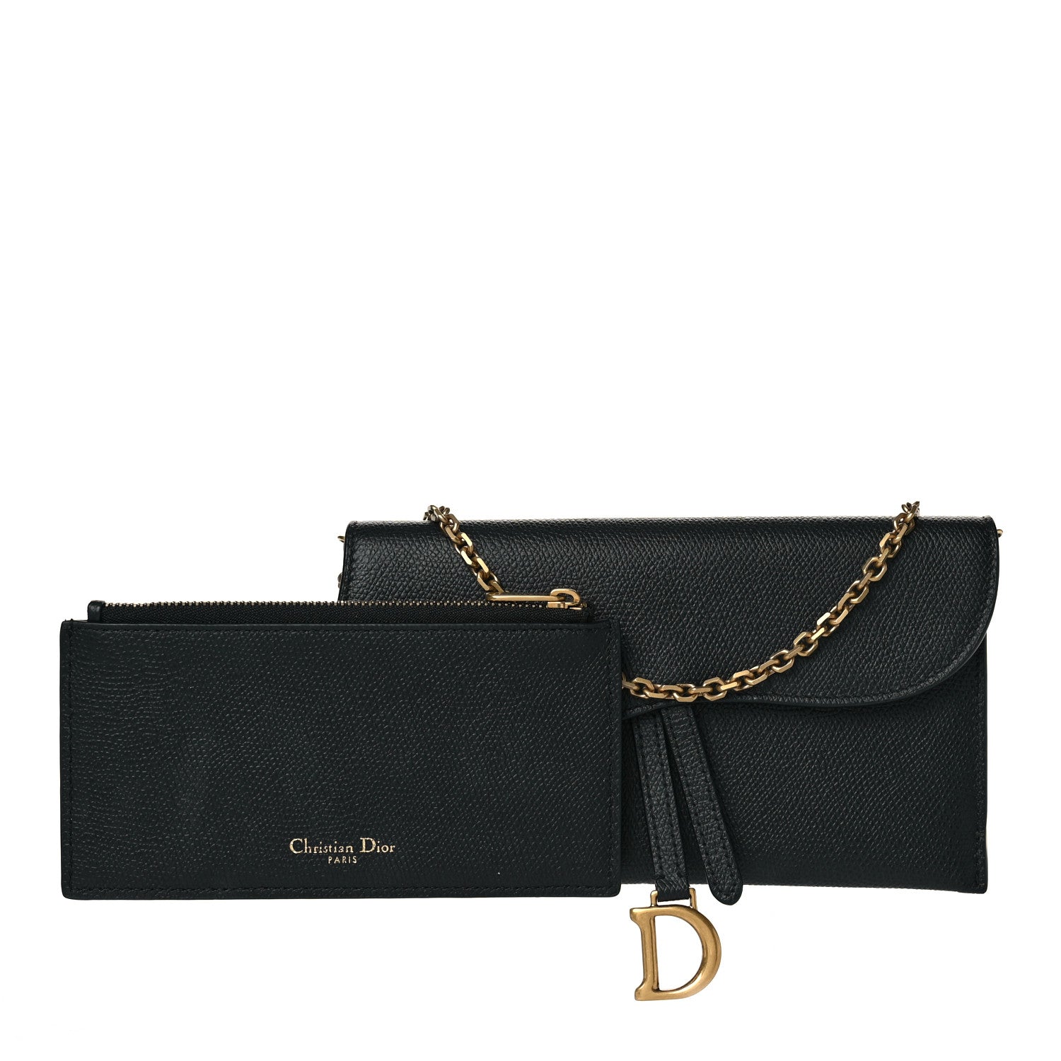 Christian Dior Grained Calfskin Saddle Chain Wallet Pouch Black 2 of 8