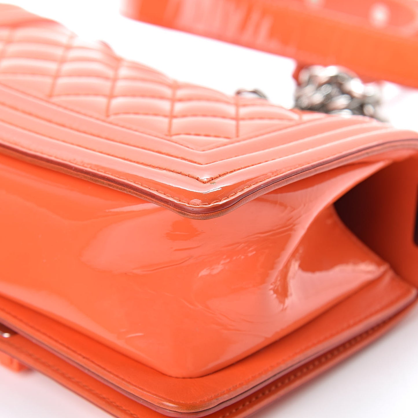 Patent Calfskin Quilted Small Plexiglass Boy Flap Orange