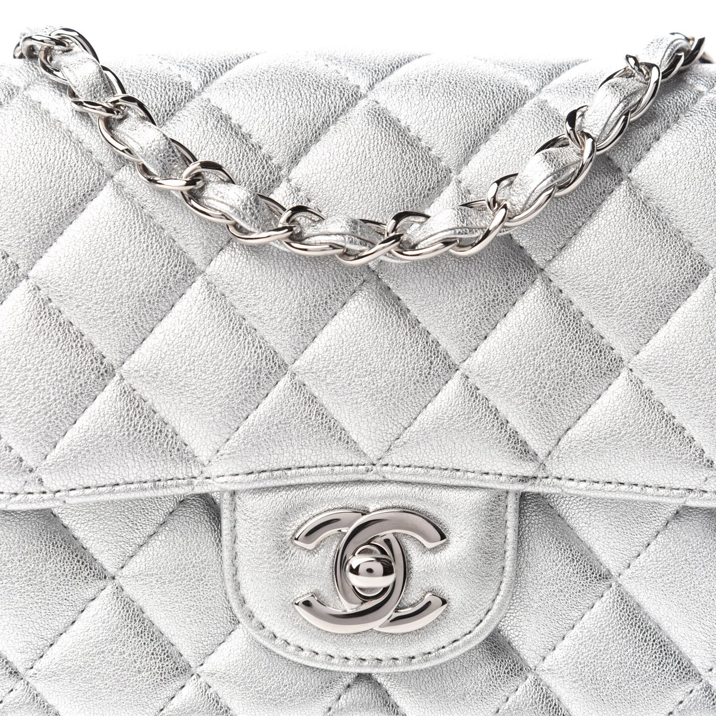 Metallic Lambskin Quilted Mini Square Flap Silver