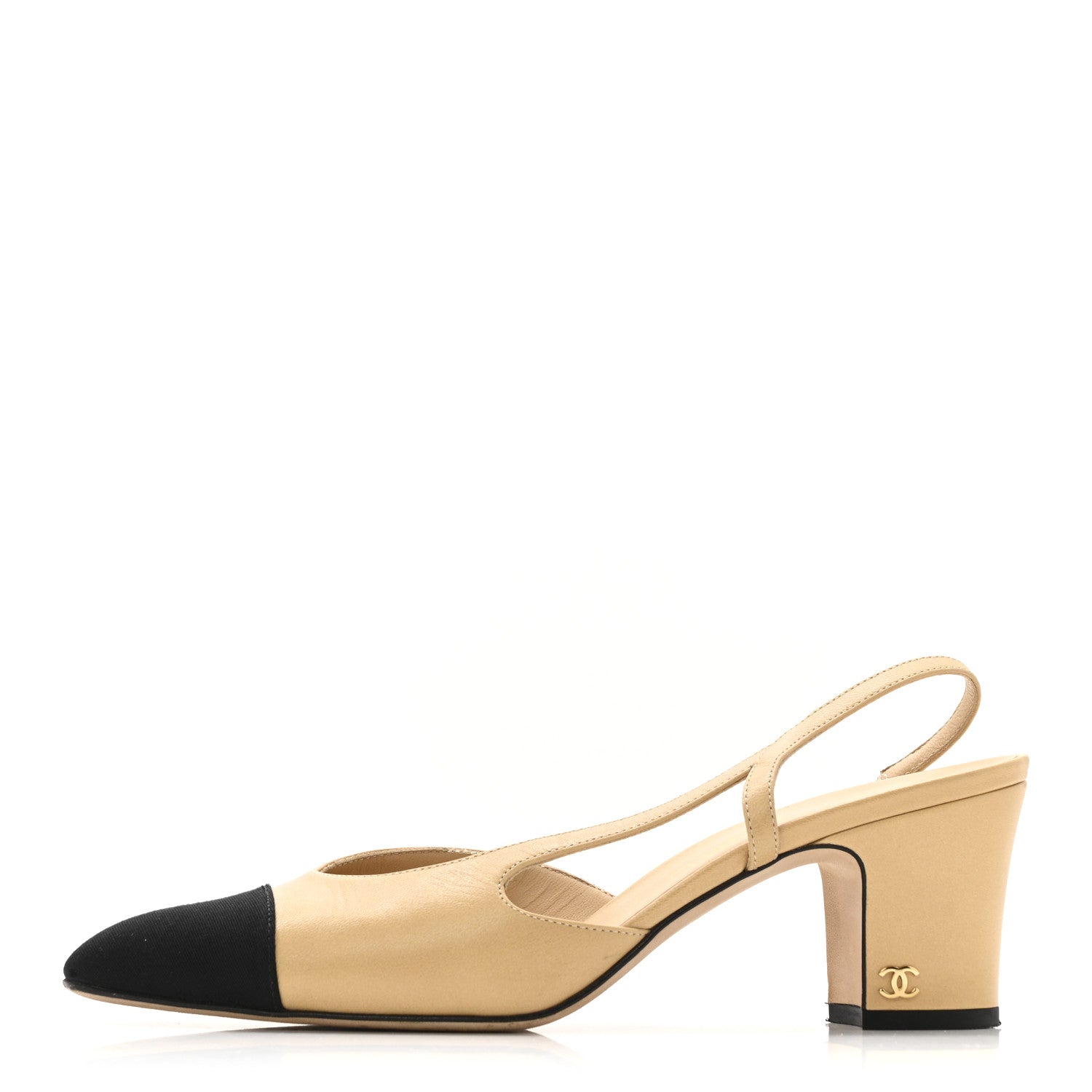 Chanel Goatskin Grosgrain Cap Toe CC Slingback Pumps 38.5 Beige Black 1 of 13
