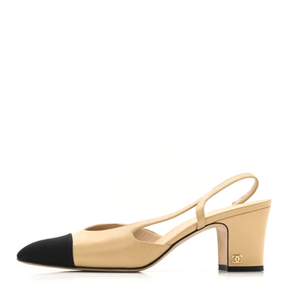 Chanel Goatskin Grosgrain Cap Toe CC Slingback Pumps 38.5 Beige Black 1 of 13
