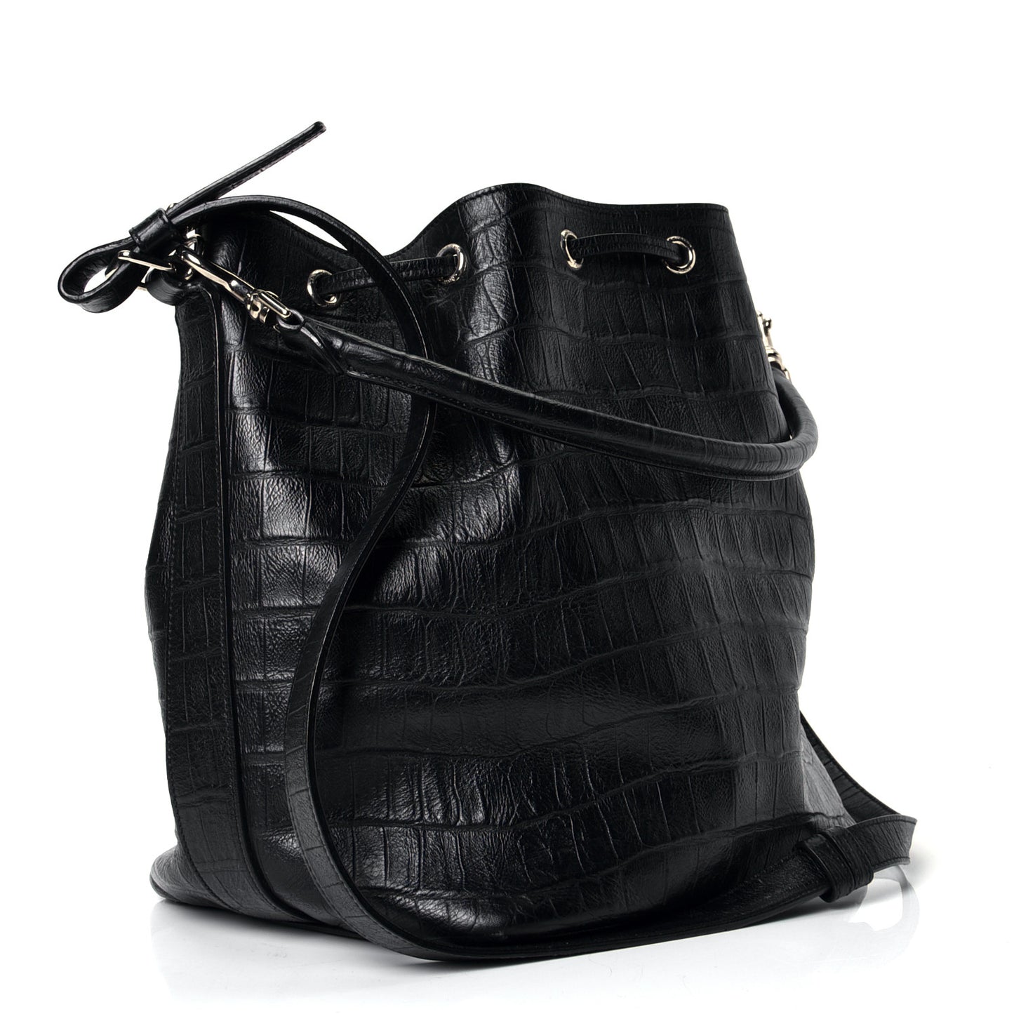 Calfskin Crocodile Embossed Emmanuelle Bucket Bag Black