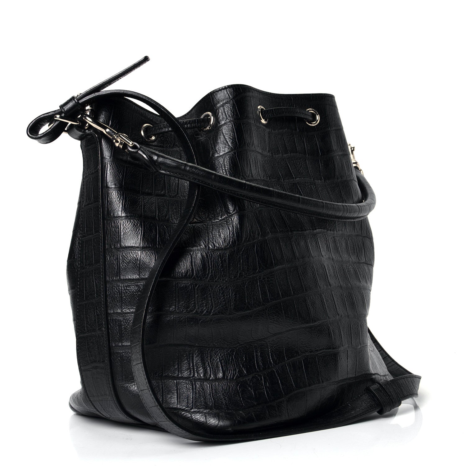 Saint Laurent Calfskin Crocodile Embossed Emmanuelle Bucket Bag Black 2 of 4