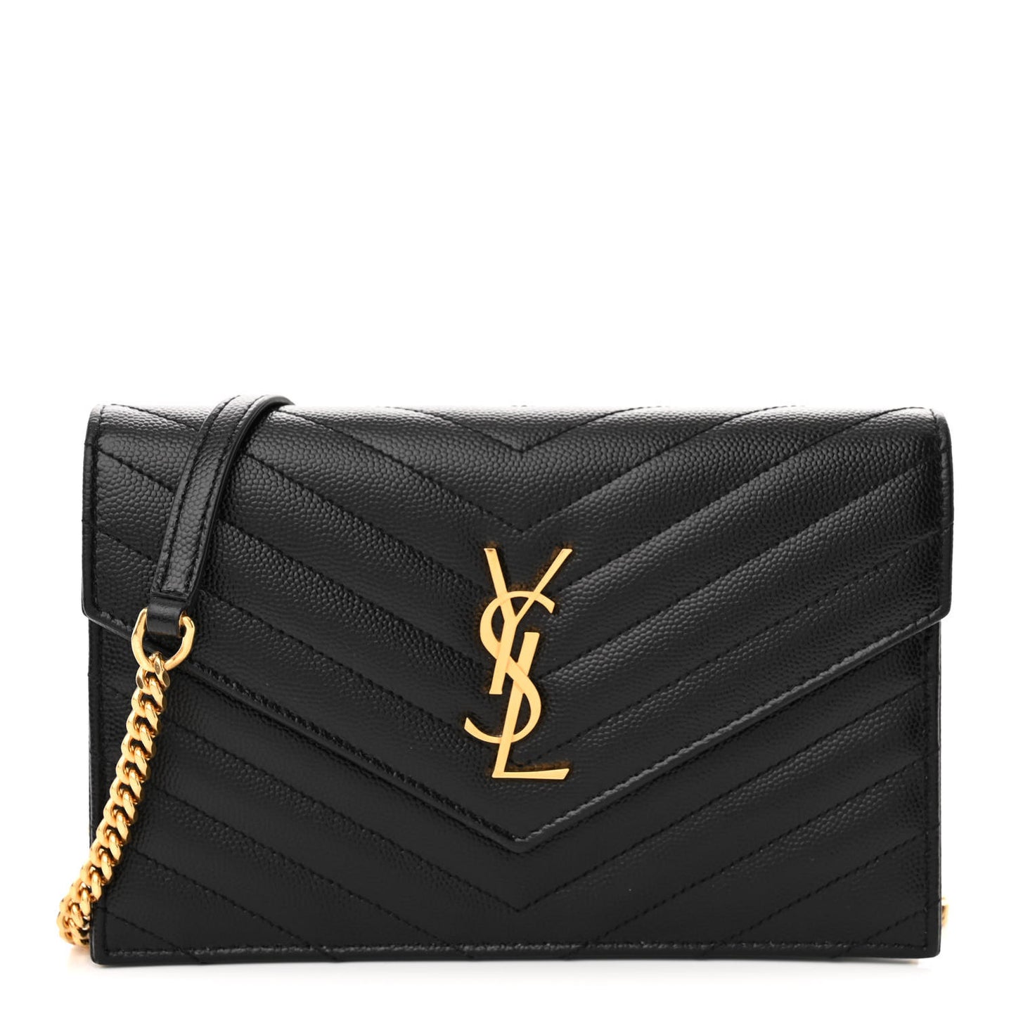 Grain De Poudre Matelasse Chevron Monogram Envelope Chain Wallet Black