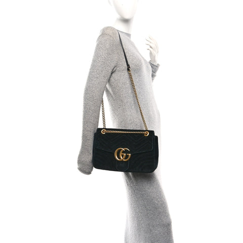 Velvet Matelasse Medium GG Marmont Shoulder Bag Black