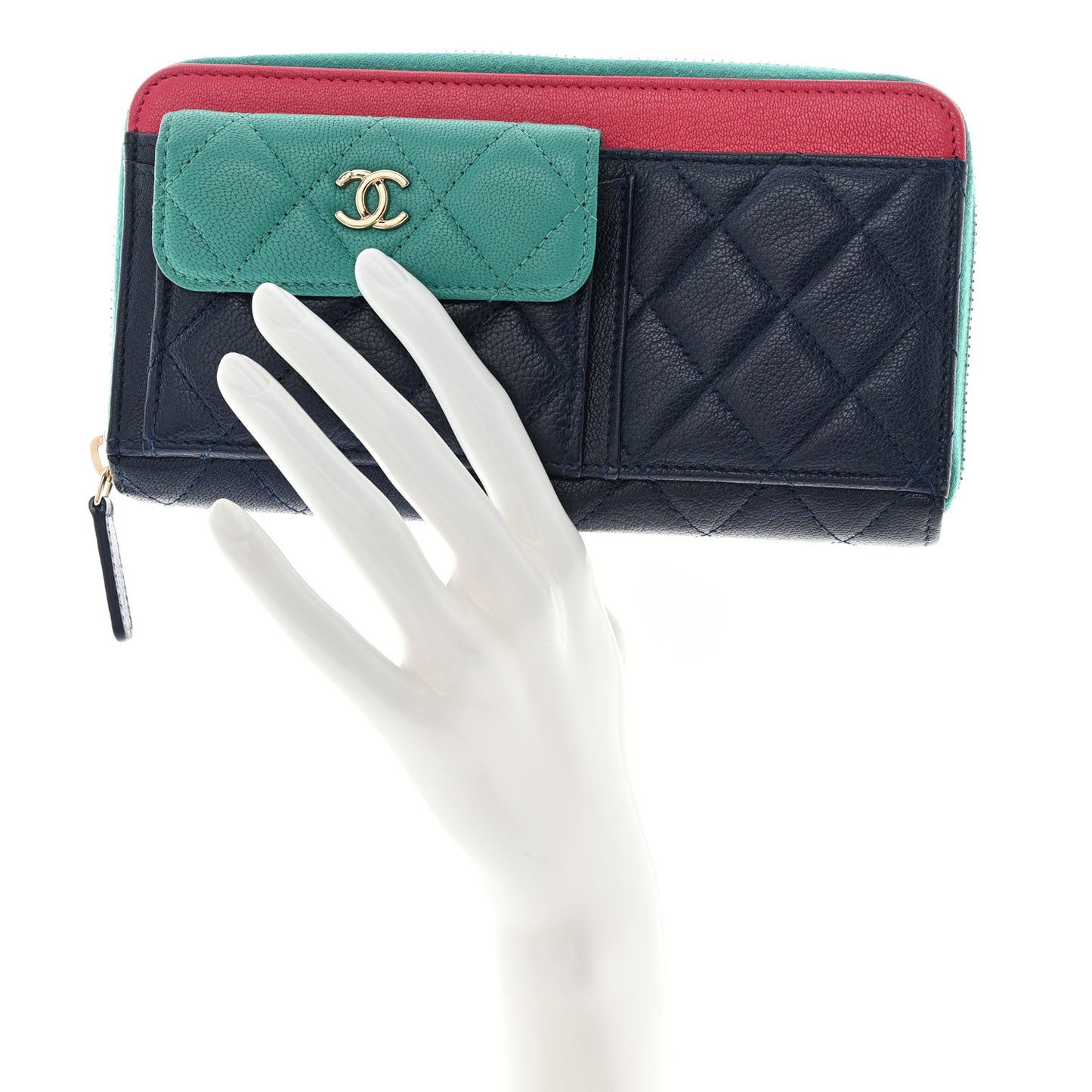 Goatskin Quilted Tri-Color In & Out Zip Around Wallet Navy Turquoise Pink