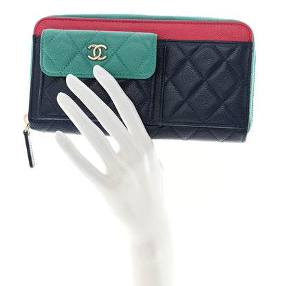 Chanel Goatskin Quilted Tri-Color In & Out Zip Around Wallet Navy Turquoise Pink 2 of 15