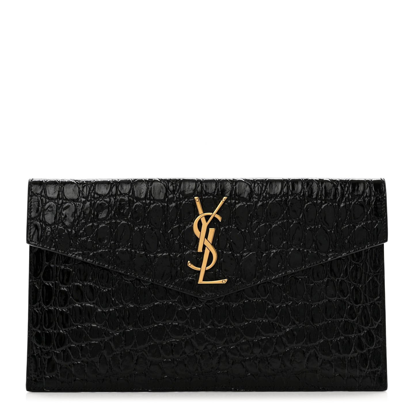 Calfskin Crocodile Embossed Uptown Monogram Clutch Black