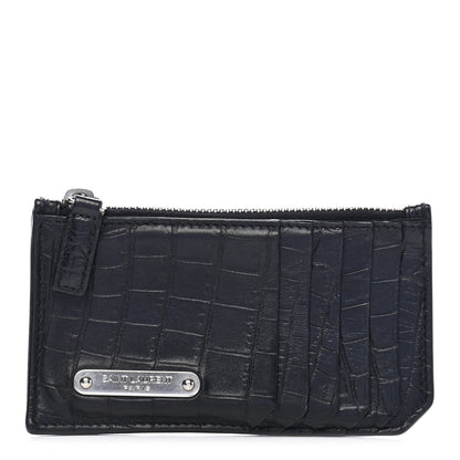 Saint Laurent Calfskin Crocodile Embossed 5 Fragments Zip Pouch Card Holder Black 1 of 8