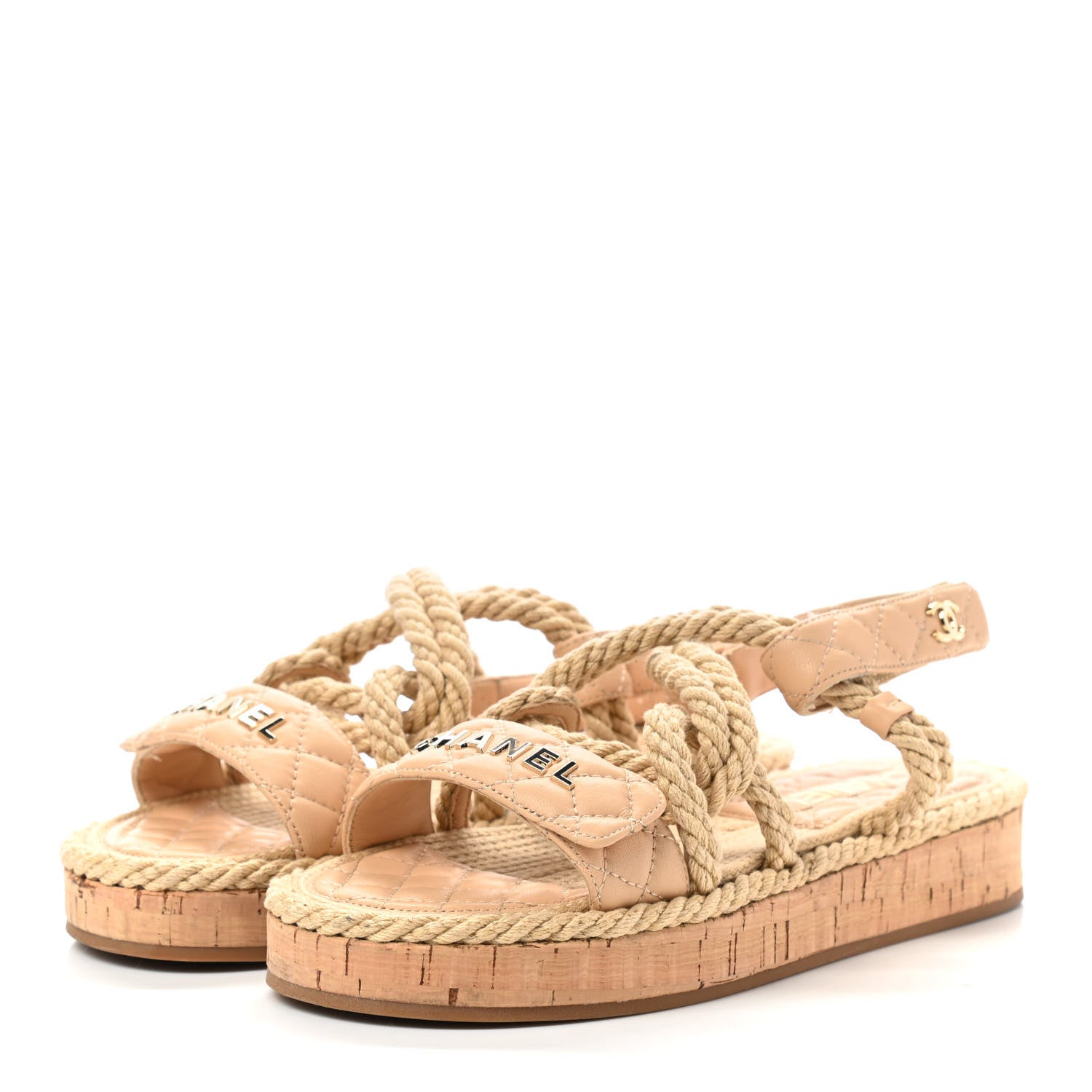 Chanel Cord Lambskin Quilted Logo Sandals 37 Beige 3 of 8