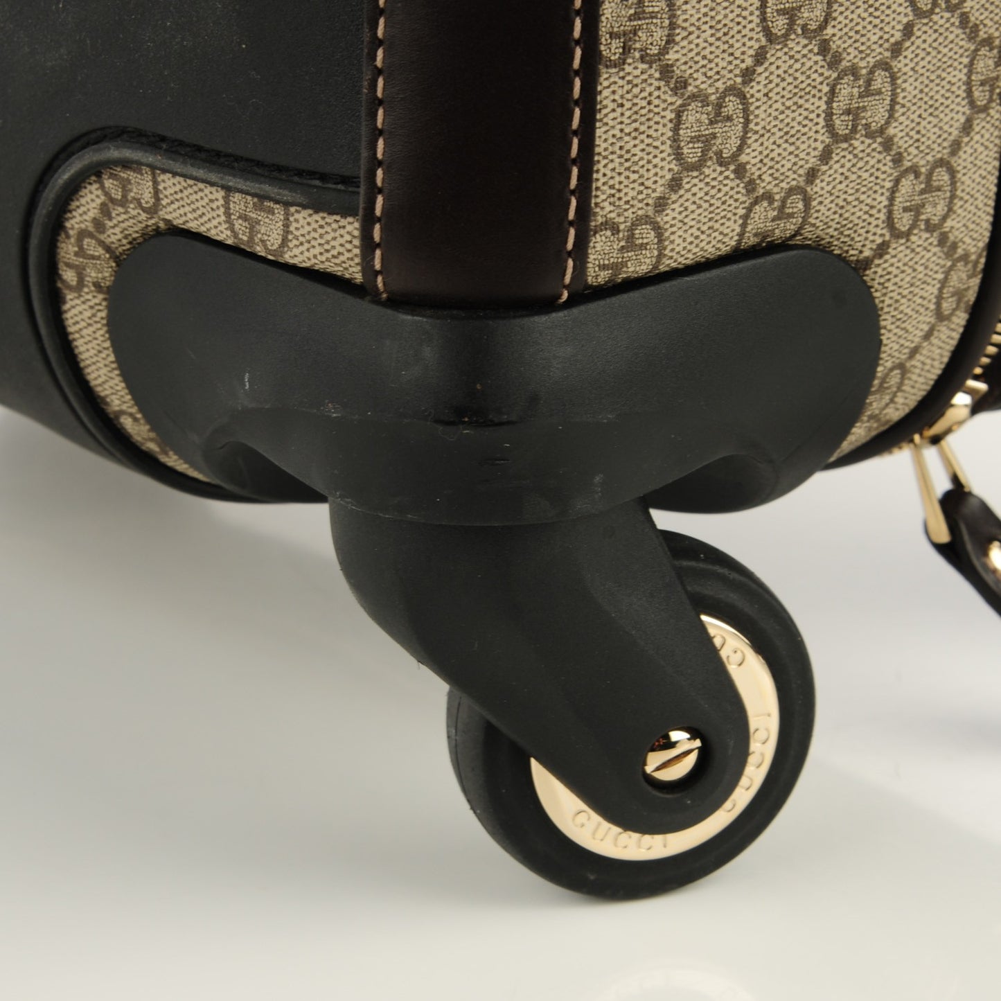 GG Supreme Monogram Selleria Calfskin Four Wheel Carry On Suitcase Beige Ebony Cocoa