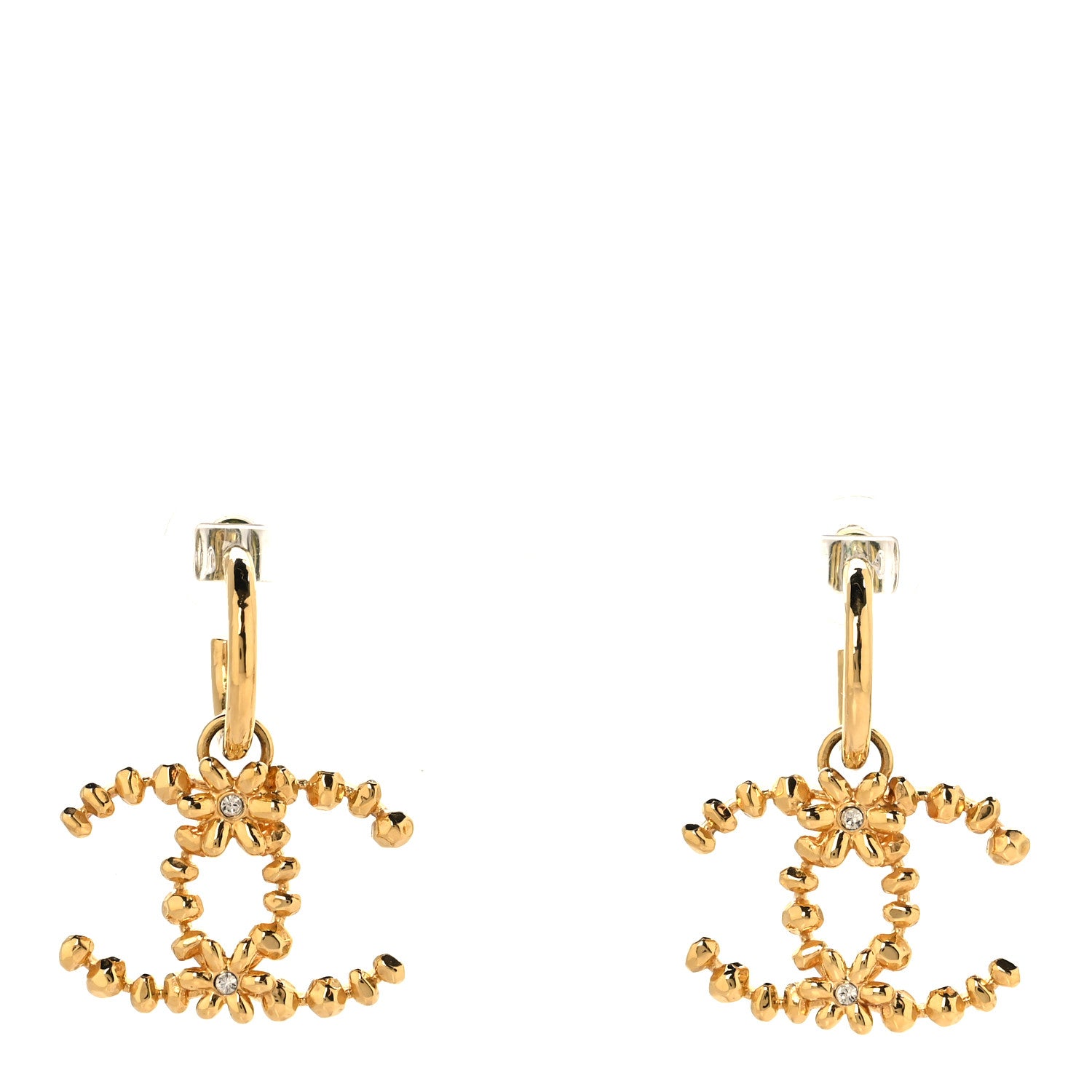Chanel Metal Crystal CC Hoop Drop Earrings Gold 1 of 5