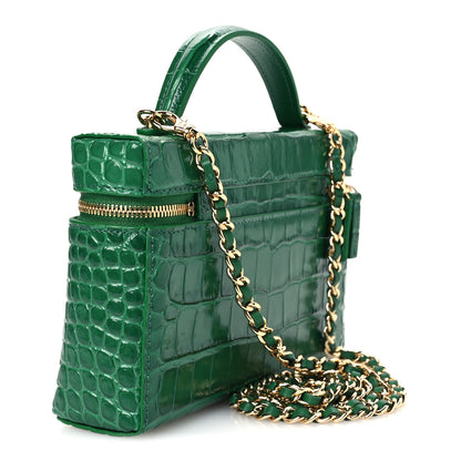 Chanel Calfskin Crocodile Embossed Crococo Top Handle Slim Vanity Case With Chain Green 3 of 11