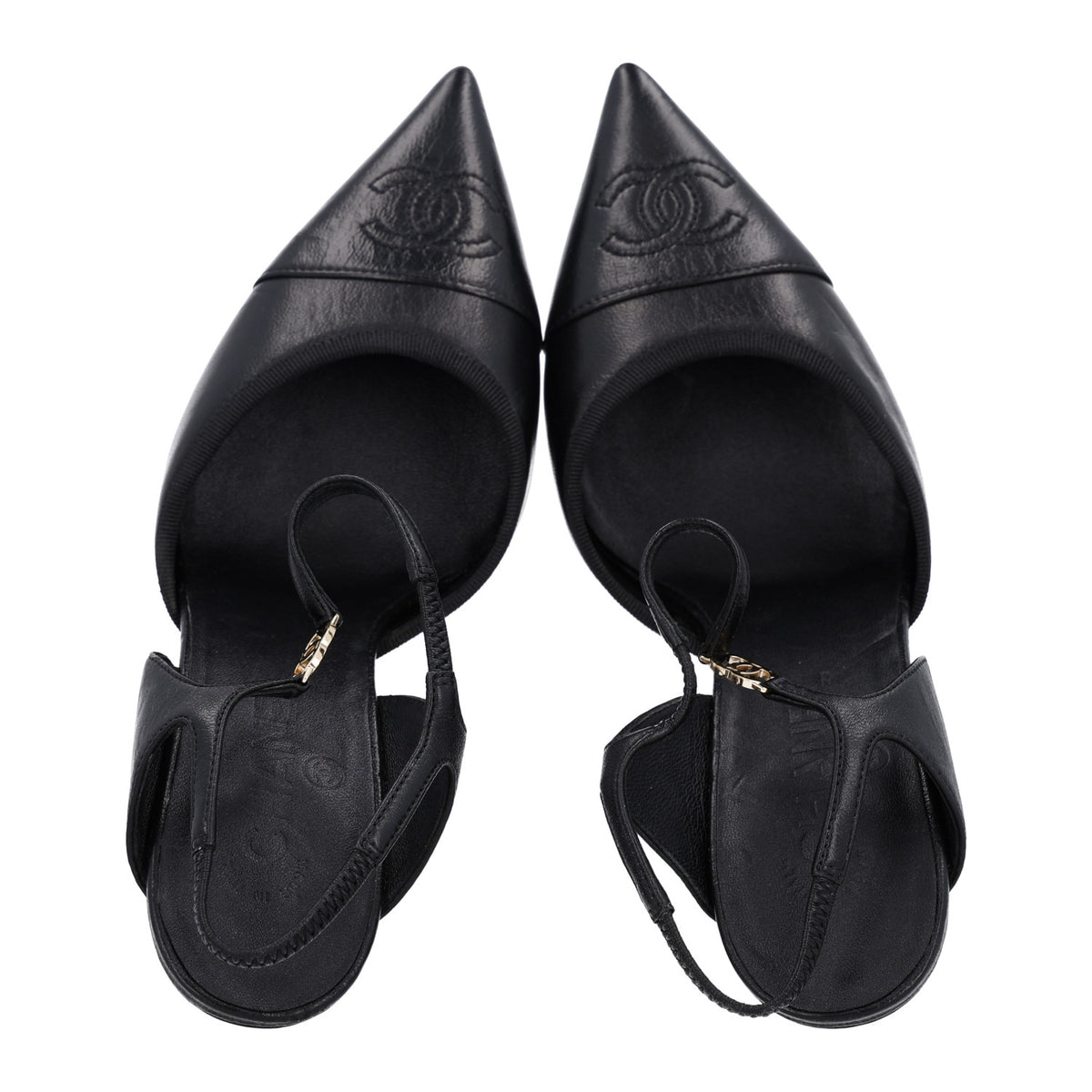 Chanel Iridescent Lambskin Pointed Cap Toe CC Slingback Pumps 37.5 Black 3 of 10