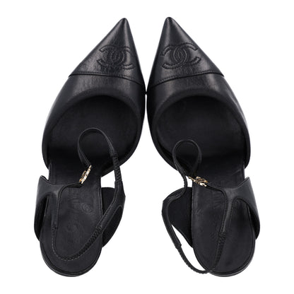 Chanel Iridescent Lambskin Pointed Cap Toe CC Slingback Pumps 37.5 Black 3 of 10