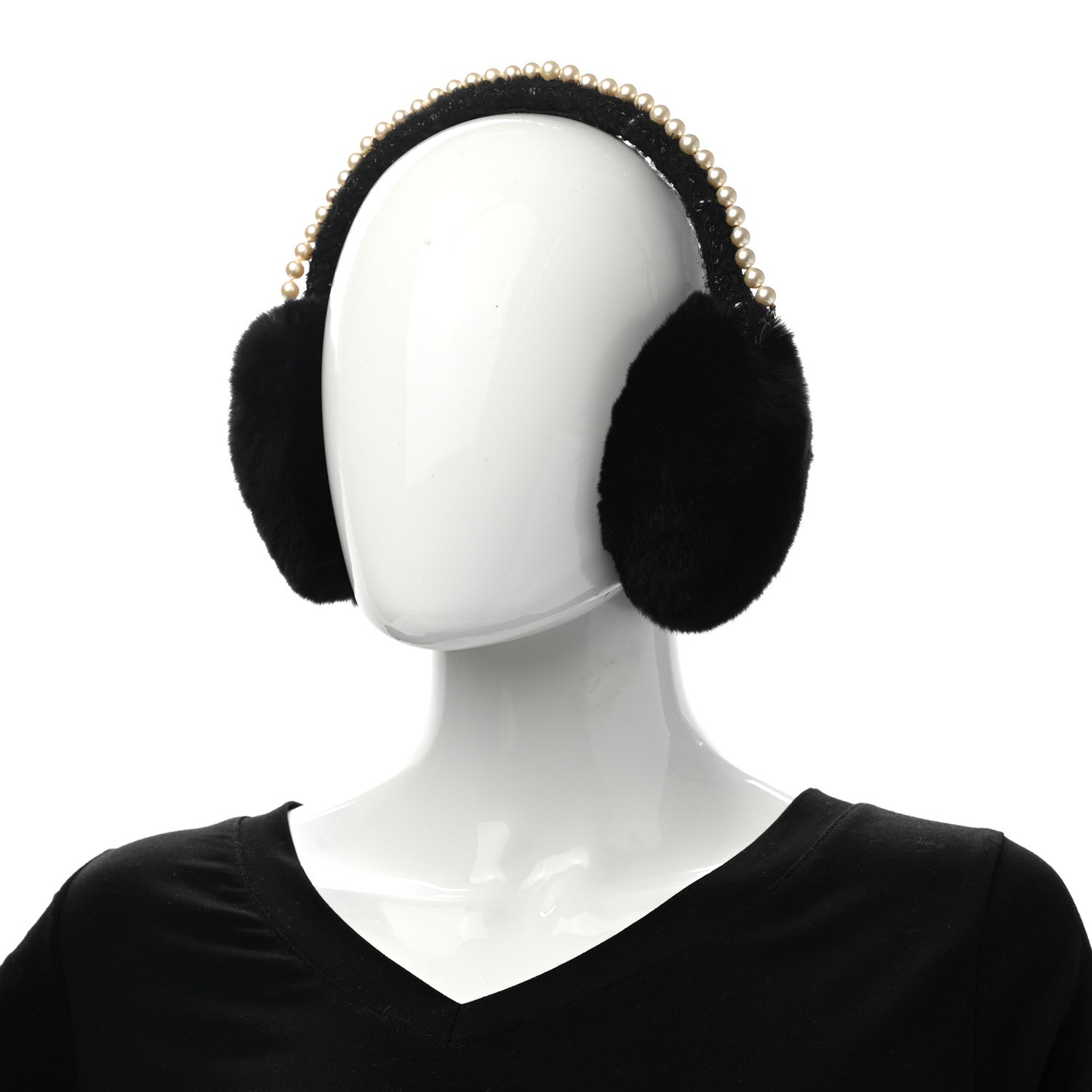 Chanel Fur Tweed Pearl Ear Muffs Black 2 of 7