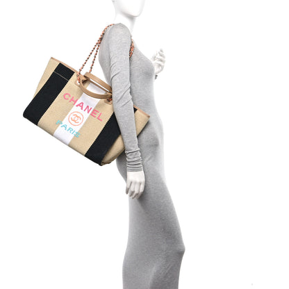 Chanel Straw Raffia Calfskin Striped Medium Deauville Tote Black Beige Ivory 2 of 12