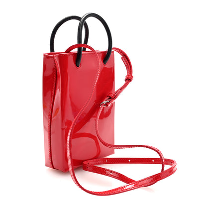 Balenciaga Patent Calfskin Logo Shopping Phone Holder Bag Bright Red 3 of 9