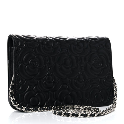 Chanel Lambskin Camellia Embossed Wallet on Chain WOC Black 2 of 14