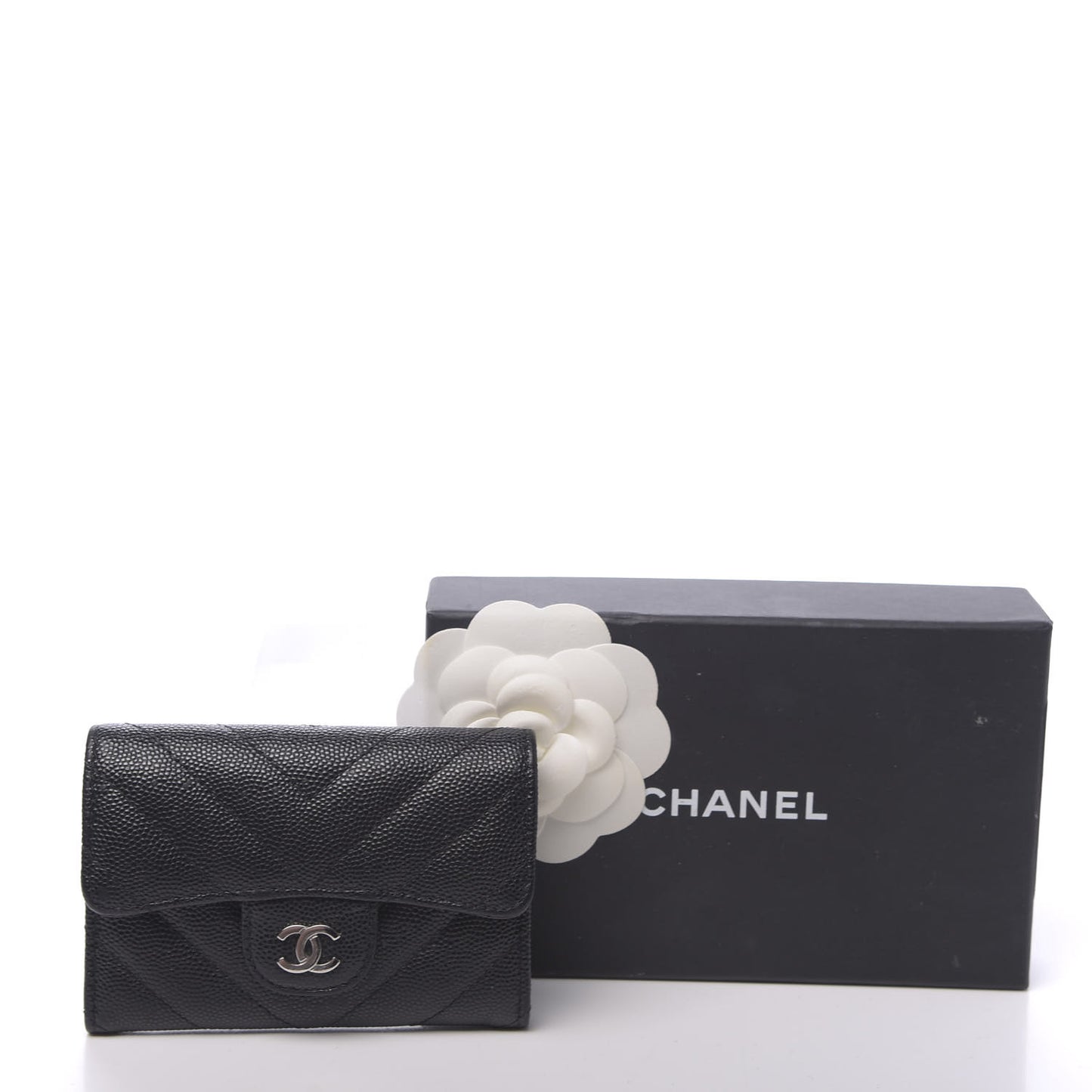 Caviar Chevron Quilted Flap Card Holder Black