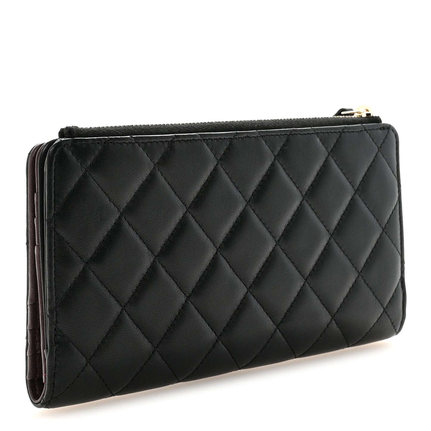Lambskin Quilted Long Zip Wallet Black