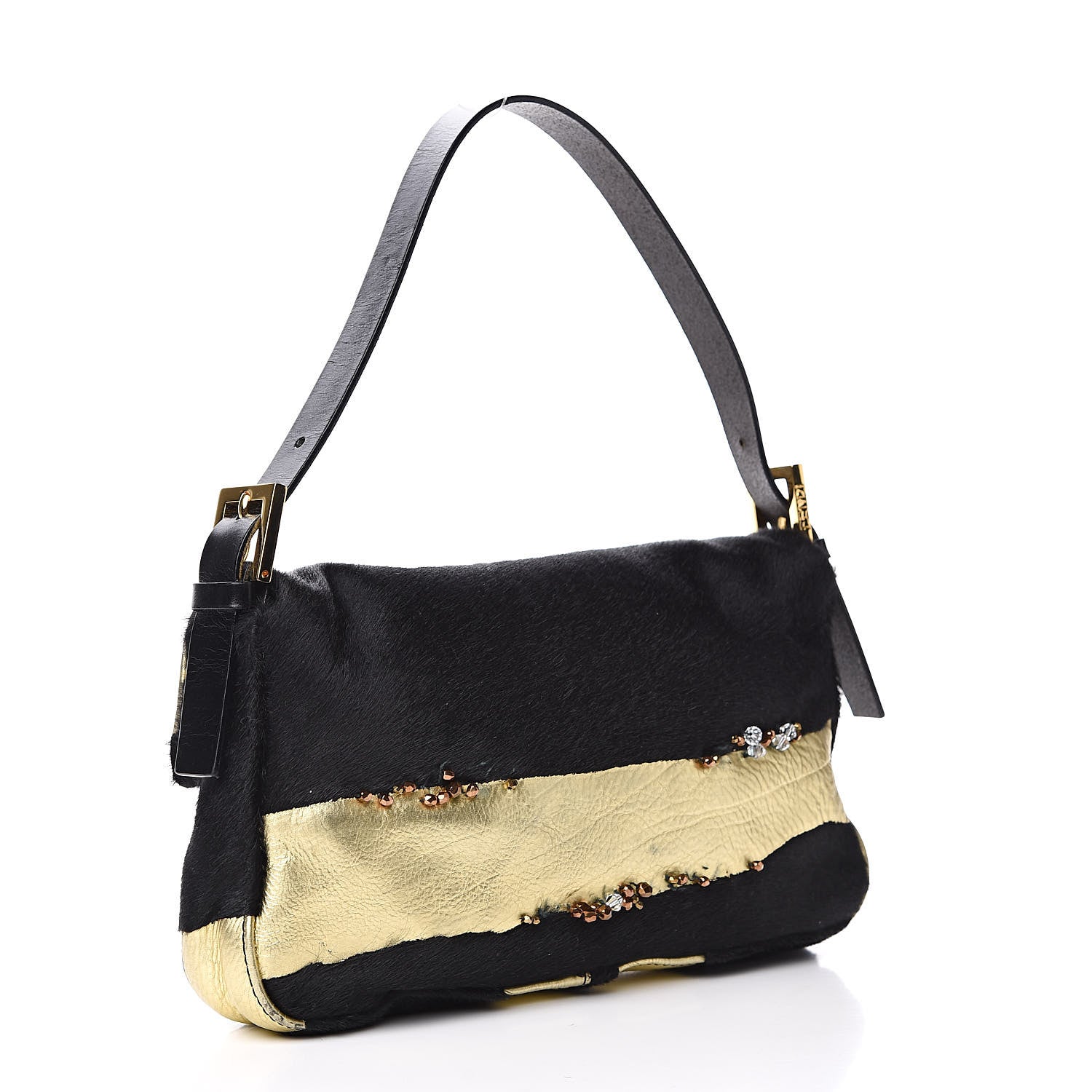 Fendi Metallic Calfskin Calf Hair Sequin Baguette Black Gold 3 of 12