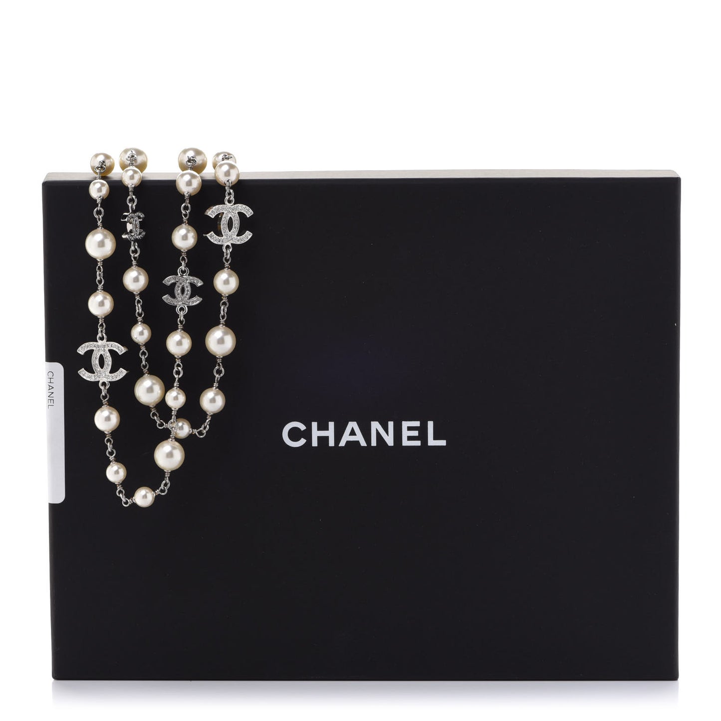 Crystal Pearl CC Long Necklace Silver
