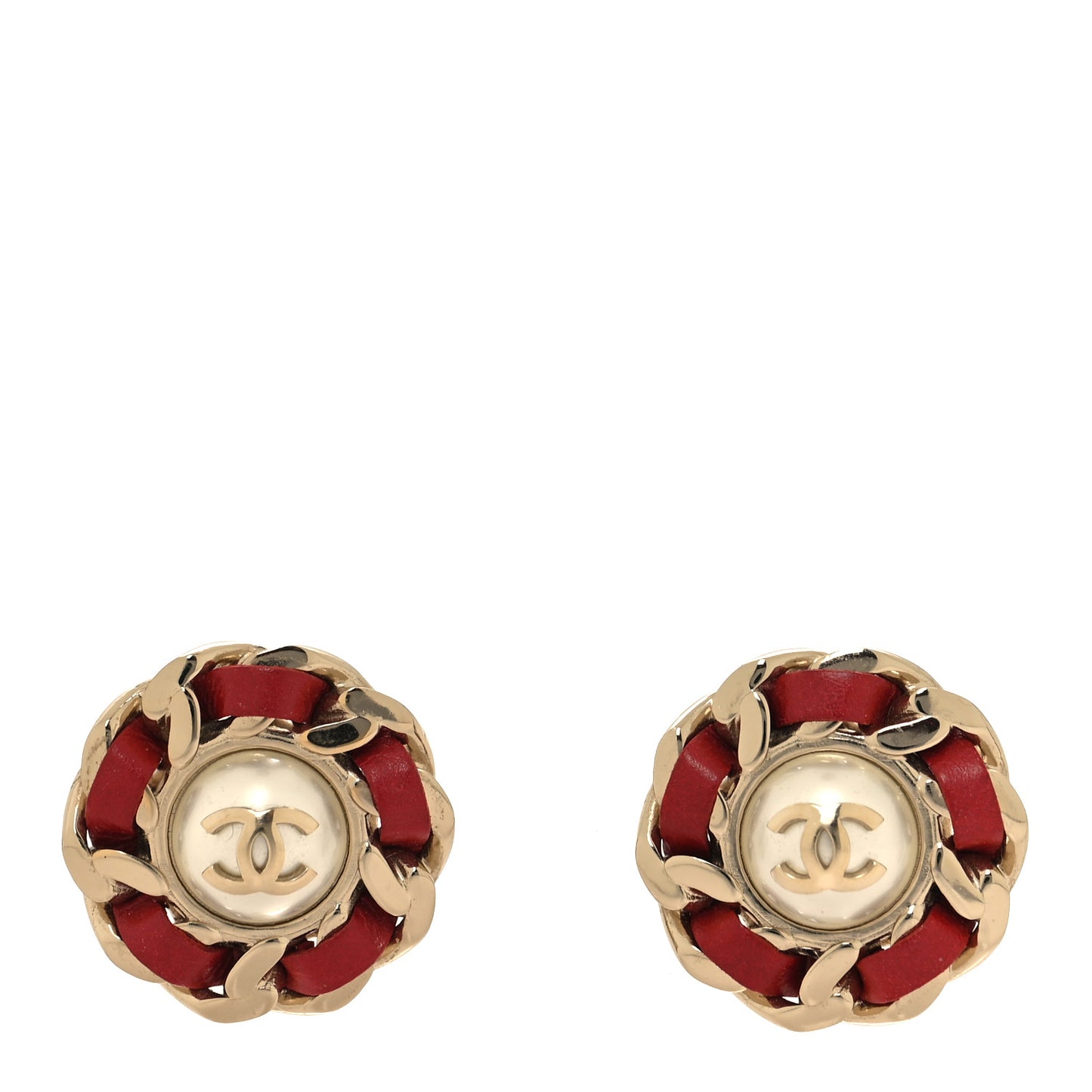 Pearl Lambskin Chain Around CC Earrings Gold Red