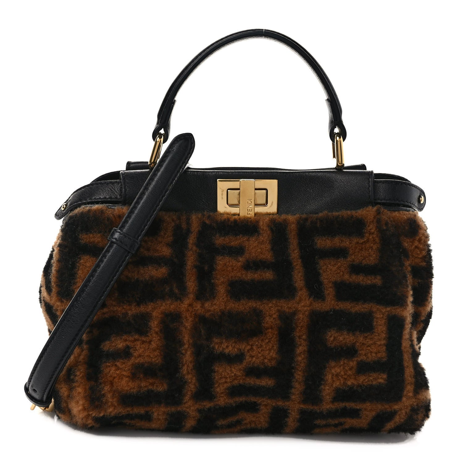 Fendi Shearling Nappa Macro FF 1974 Mini Peekaboo Iconic Satchel Tobacco Black 1 of 8