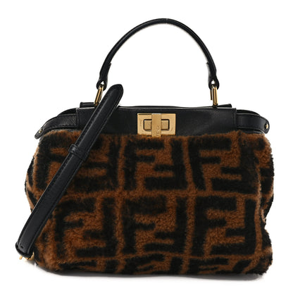 Fendi Shearling Nappa Macro FF 1974 Mini Peekaboo Iconic Satchel Tobacco Black 1 of 8