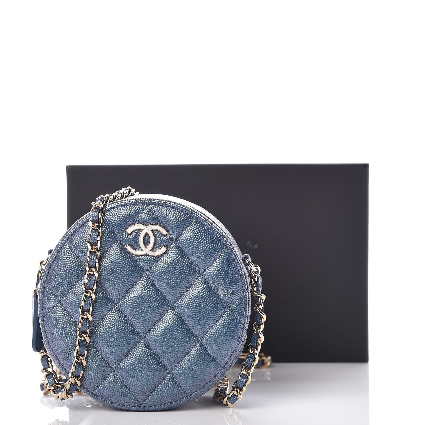 Iridescent Caviar Quilted Round Clutch With Chain Blue