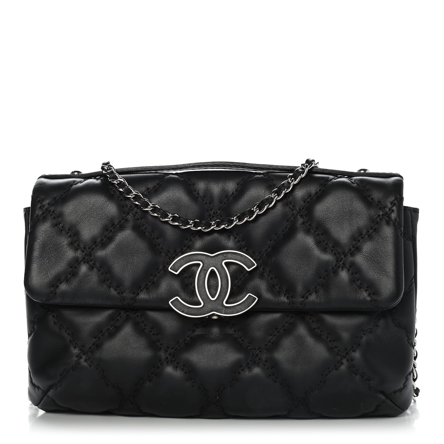 Calfskin Quilted Double Stitch Hamptons Clutch with Chain Black