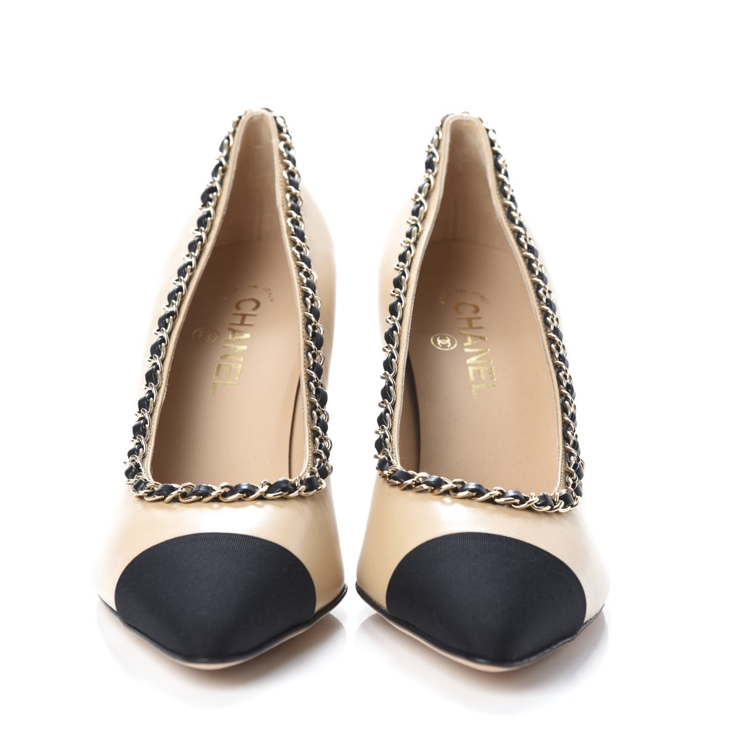 Lambskin Grosgrain Chain Cap Toe Pumps 41 Beige Black