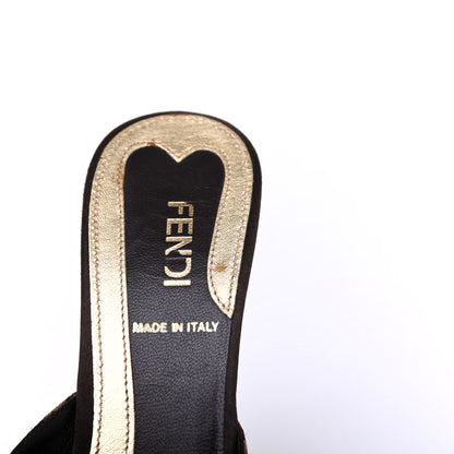 Fendi Fabric FF Wedge Mules 36 Black Brown 10 of 14