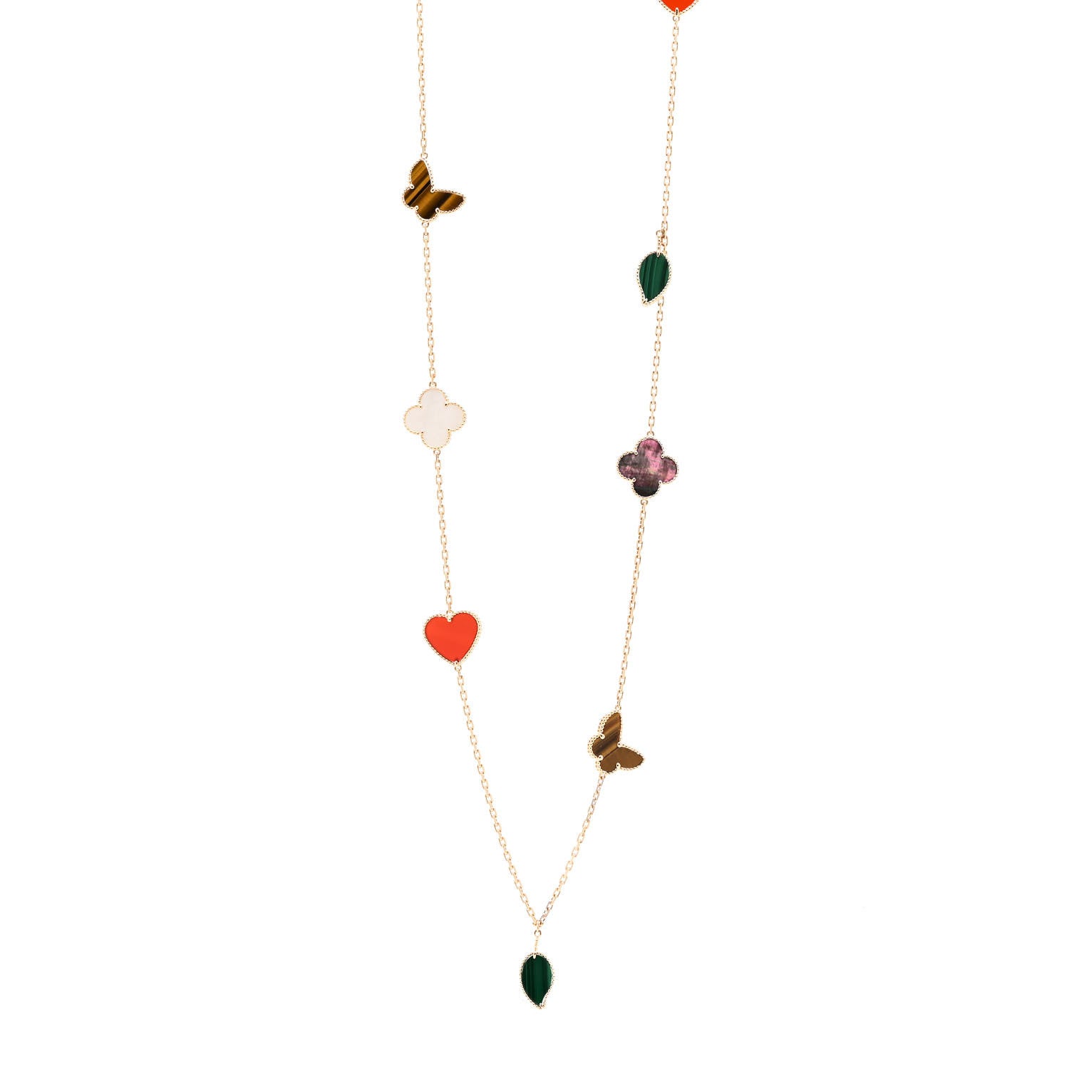 Van Cleef & Arpels 18K Yellow Gold Mother of Pearl Malachite Carnelian Tiger Eye 12 Motif Lucky Alhambra Necklace 1 of 4