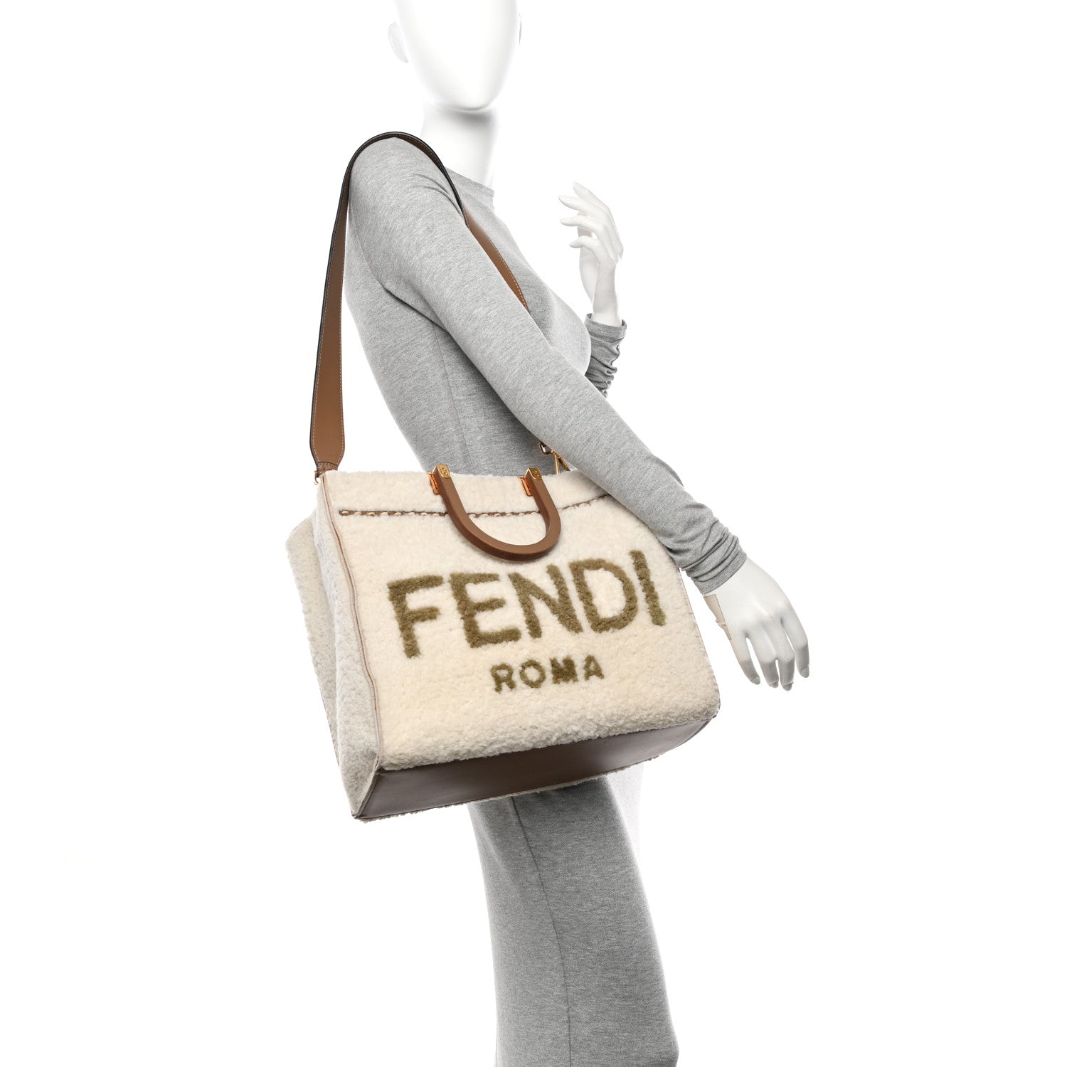 Fendi Shearling Vitello King Logo Medium Fendi Sunshine Shopper Tote White 2 of 19