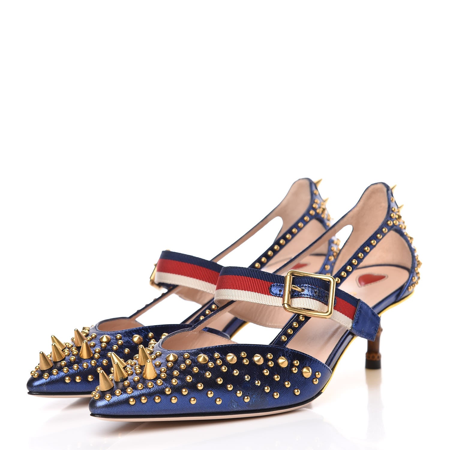 Gucci Metallic Nappa Silk Grosgrain Studded Sylvie Web Bamboo Low Heel Pumps 37 Sapphire 3 of 9