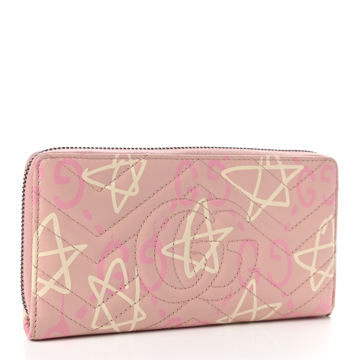 Calfskin Matelasse GucciGhost GG Marmont Zip Around Wallet Perfect Pink Rosa Ivory