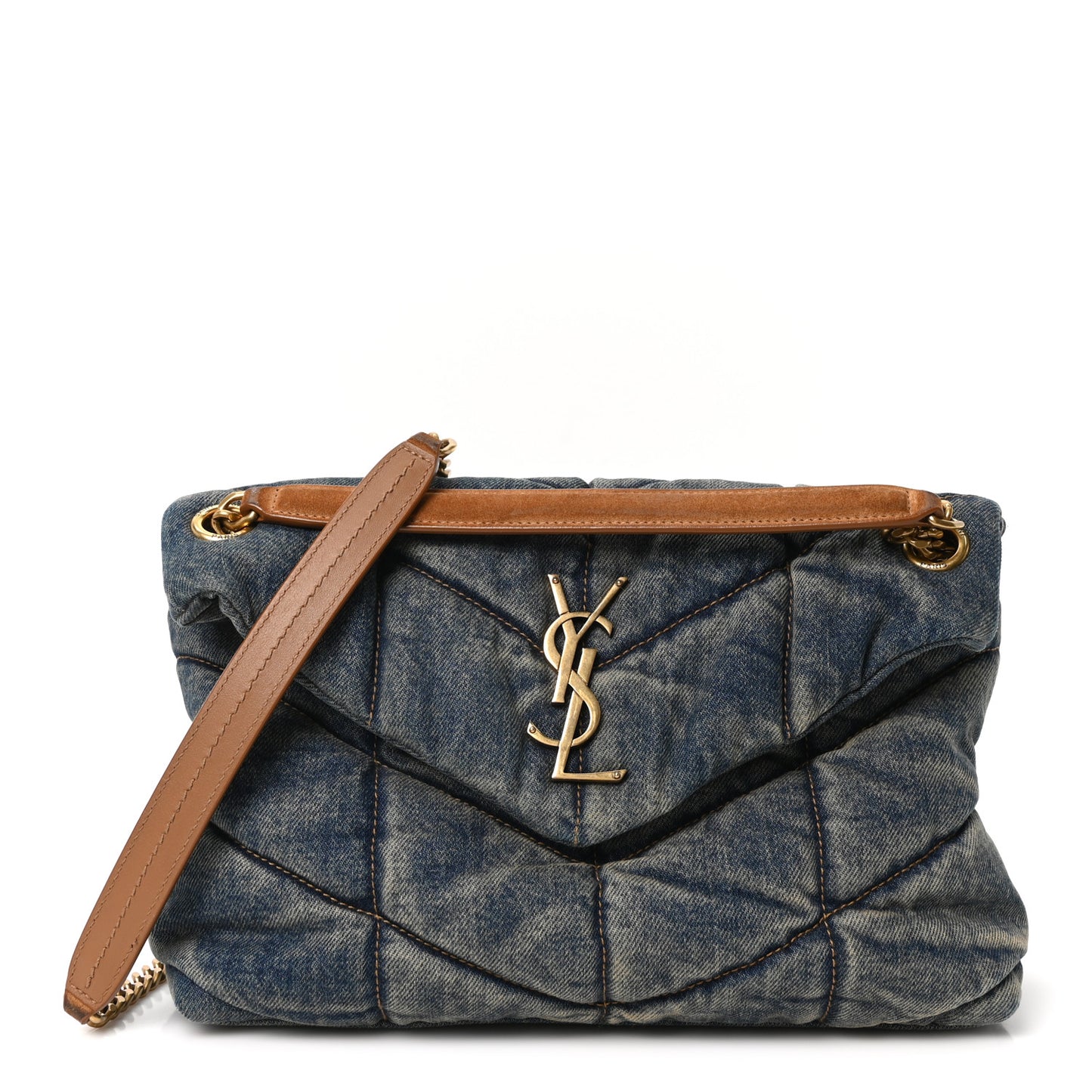 Denim Quilted Small Loulou Puffer Monogram Chain Satchel Blue Cinnamon