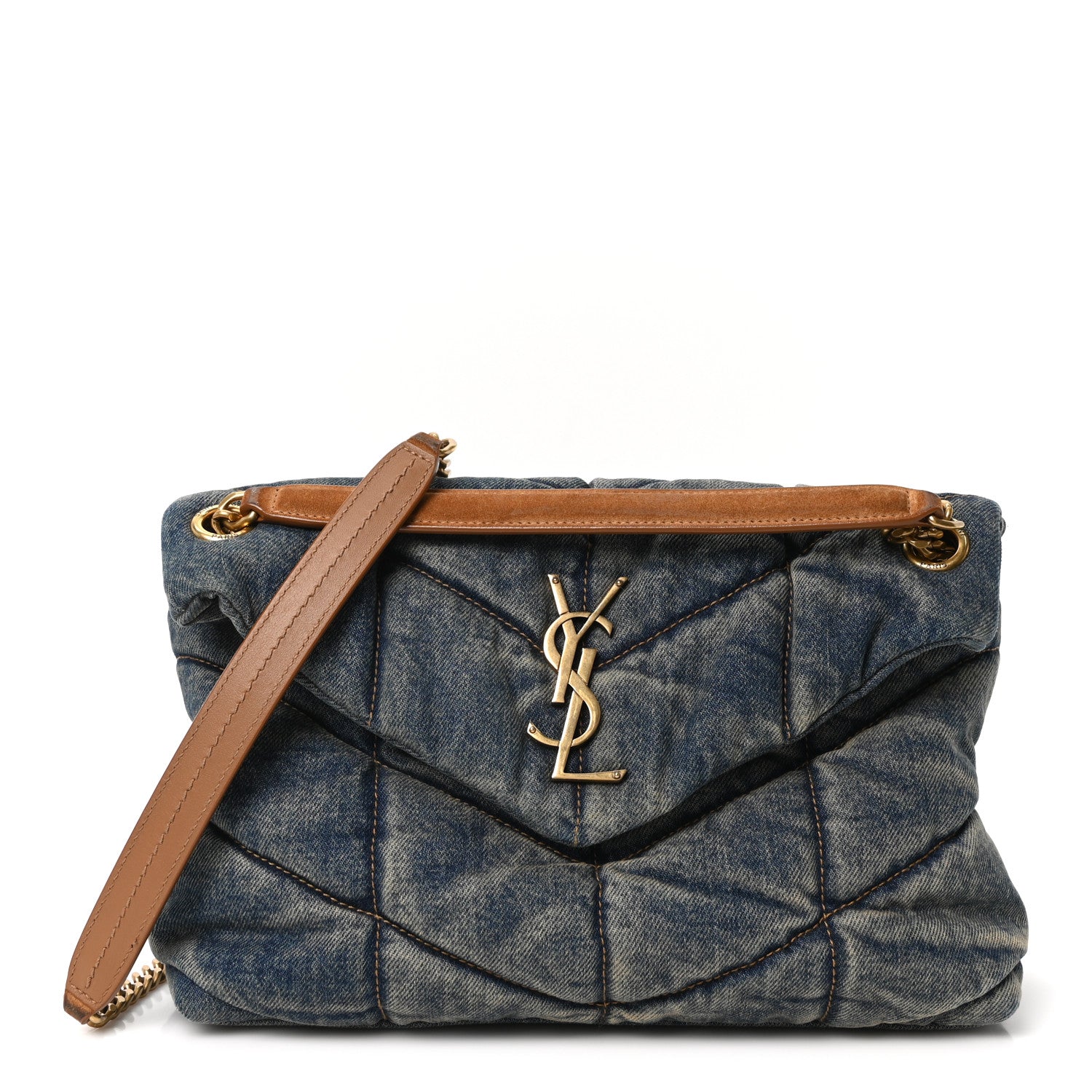 Saint Laurent Denim Quilted Small Loulou Puffer Monogram Chain Satchel Blue Cinnamon 1 of 10