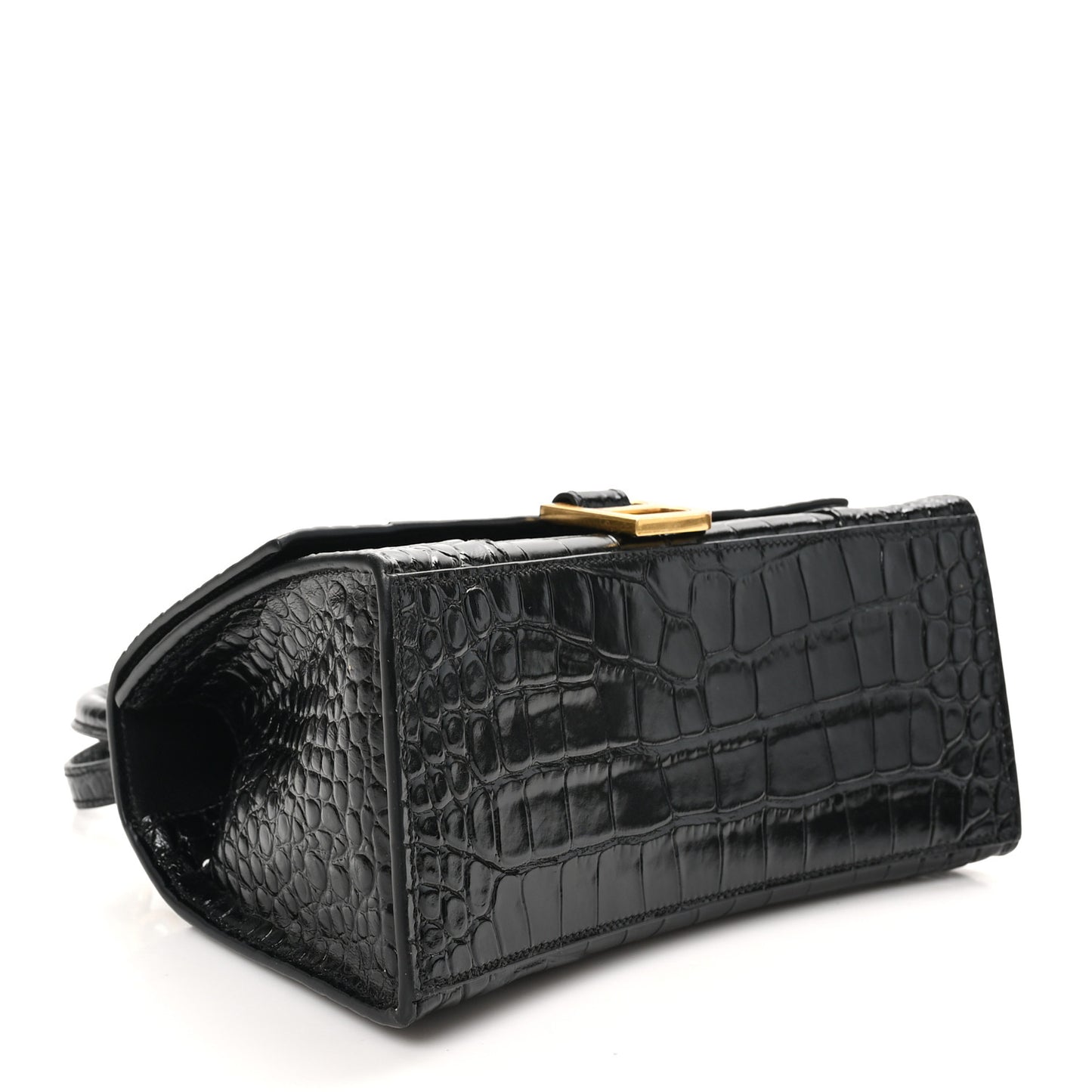 Shiny Calfskin Crocodile Embossed Small Hourglass Top Handle Bag Black