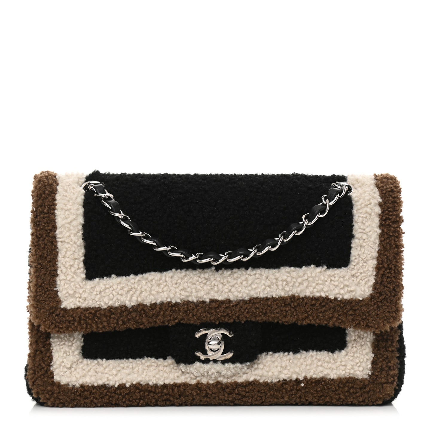 Lambskin Shearling Medium Double Flap Black Brown